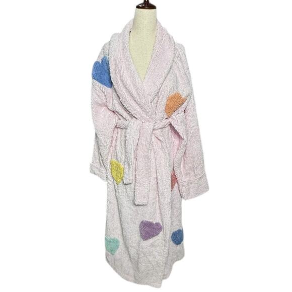 Vintage 90s Canyon Group Chenille Heart Robe Pink L RARE Original Thick Long EUC - Picture 2 of 13